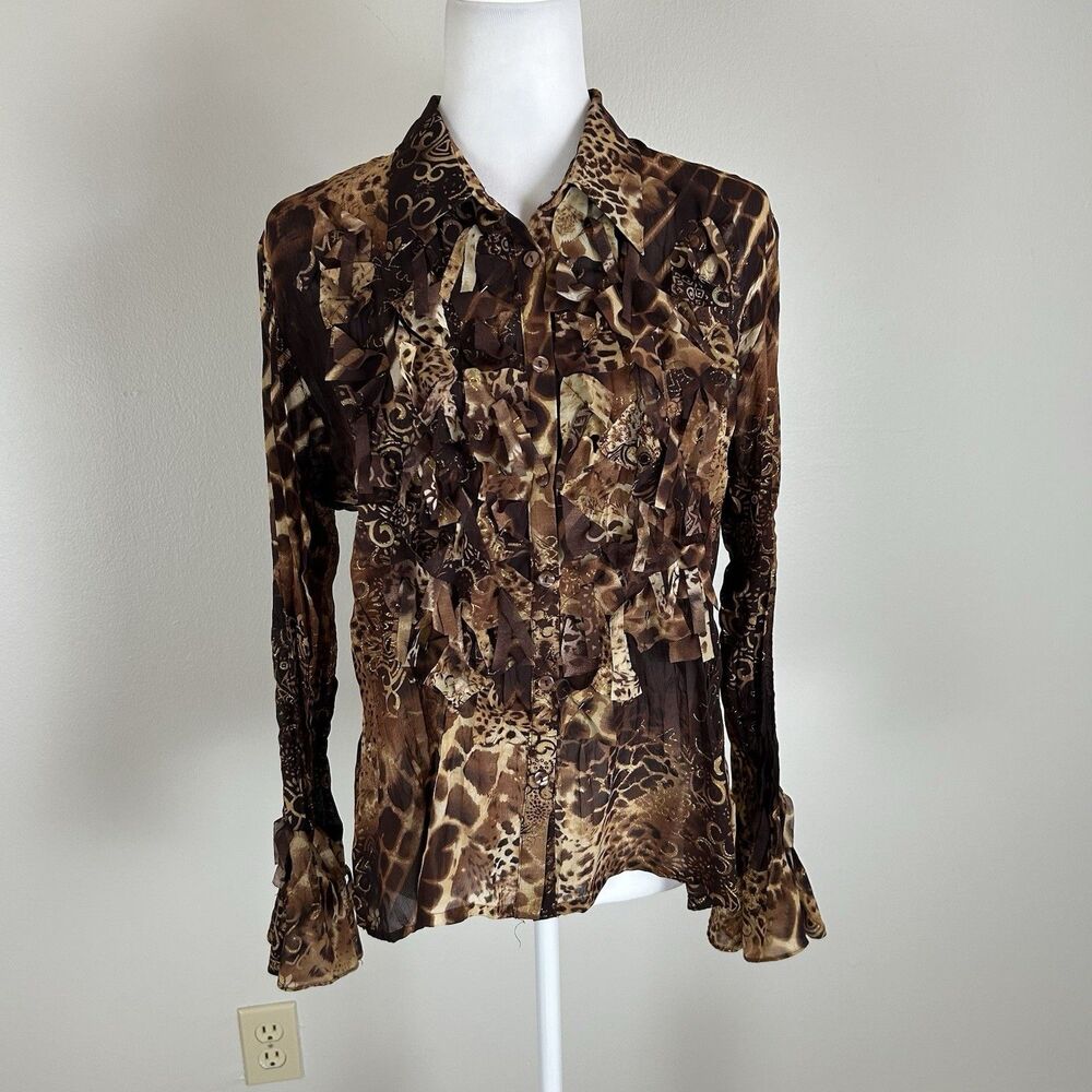 Fringe XL Blouse Button Up Shirt Top Festival Bead Flare Sleeve Retro Leopard